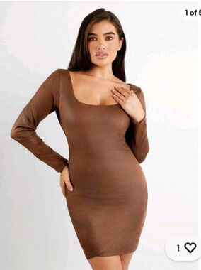 Popilush Faux-Suede Brown Long Sleeve Midi Dress XL NWT Built In Shapewear